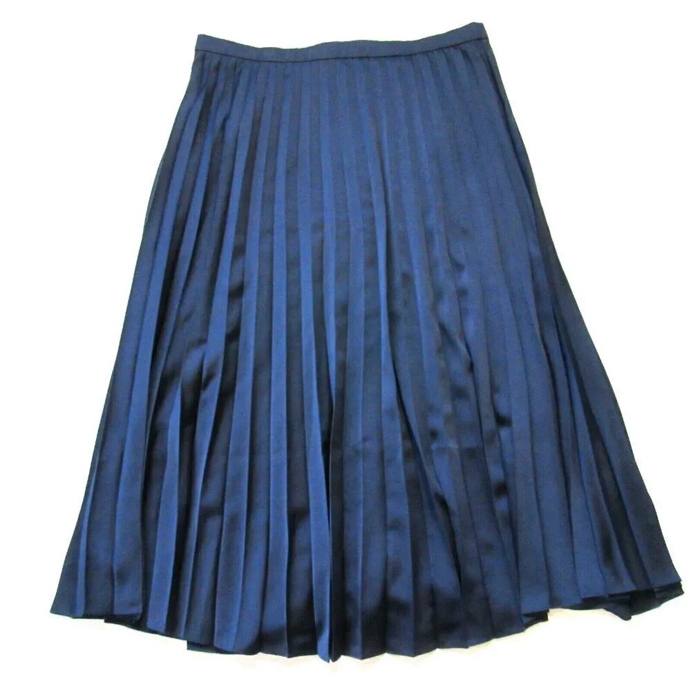NWT J.Crew Pleated Midi in Navy Blue Satin A-line Flared Skirt 10 $98